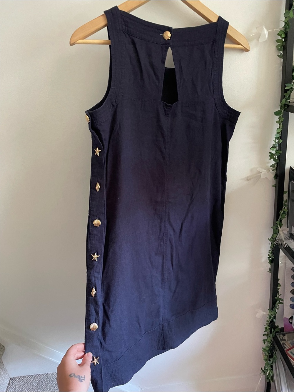 Coastal Linen-Blend Old Money Square-Neck Blue Mini Shift Dress Gold Seashell S